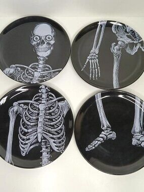 Dept 56 Halloween Set of 4 Skeleton Bone Ceramic Appetizer Plates Retired Spooky